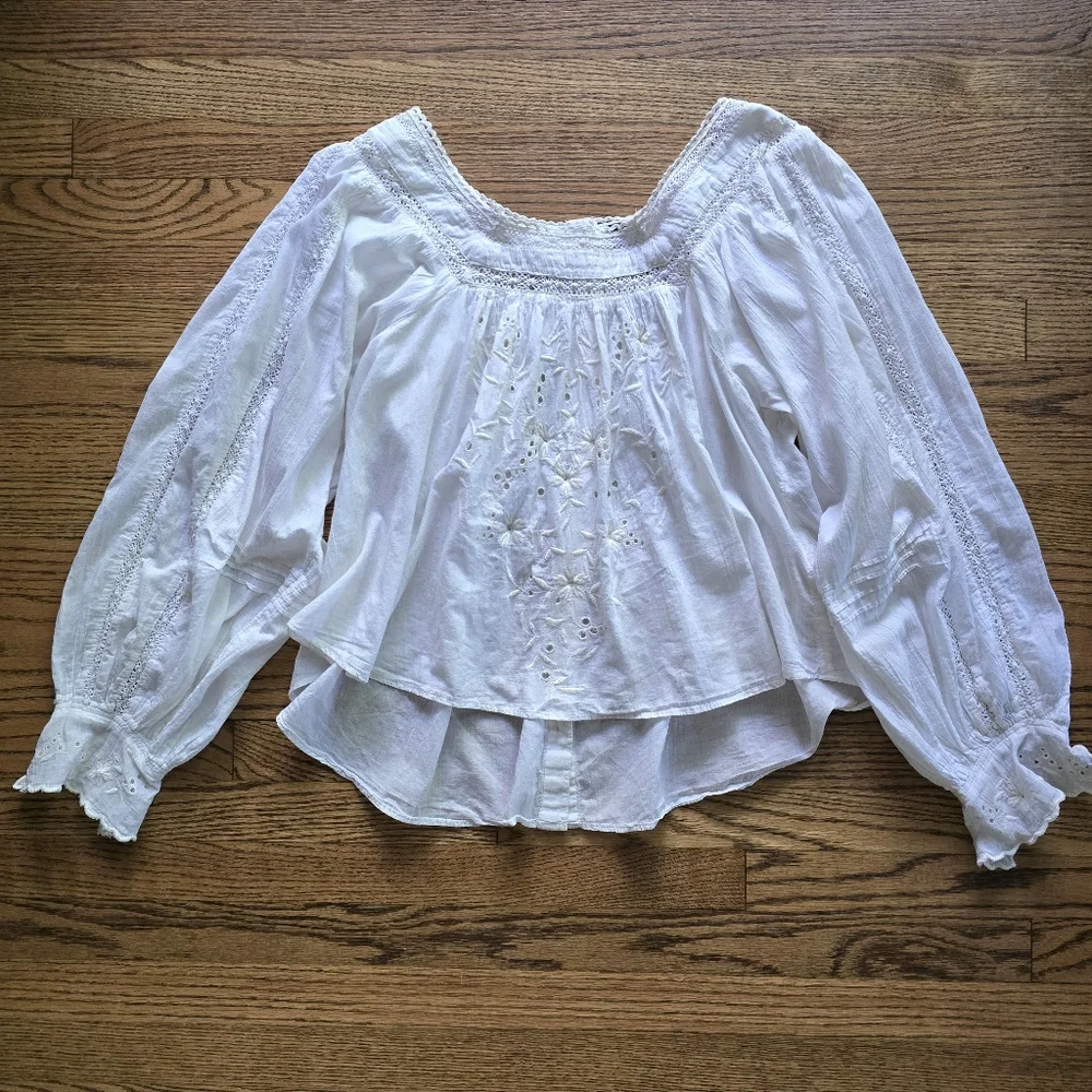 FREE PEOPLE White Cotton Blouse Lace Eyelet Reversible XS